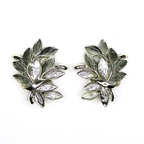 Vintage Laurel Leaf Clip-On Earrings - 1.25" Silver-Tone Mid-Century Statement - Picture 1 of 5